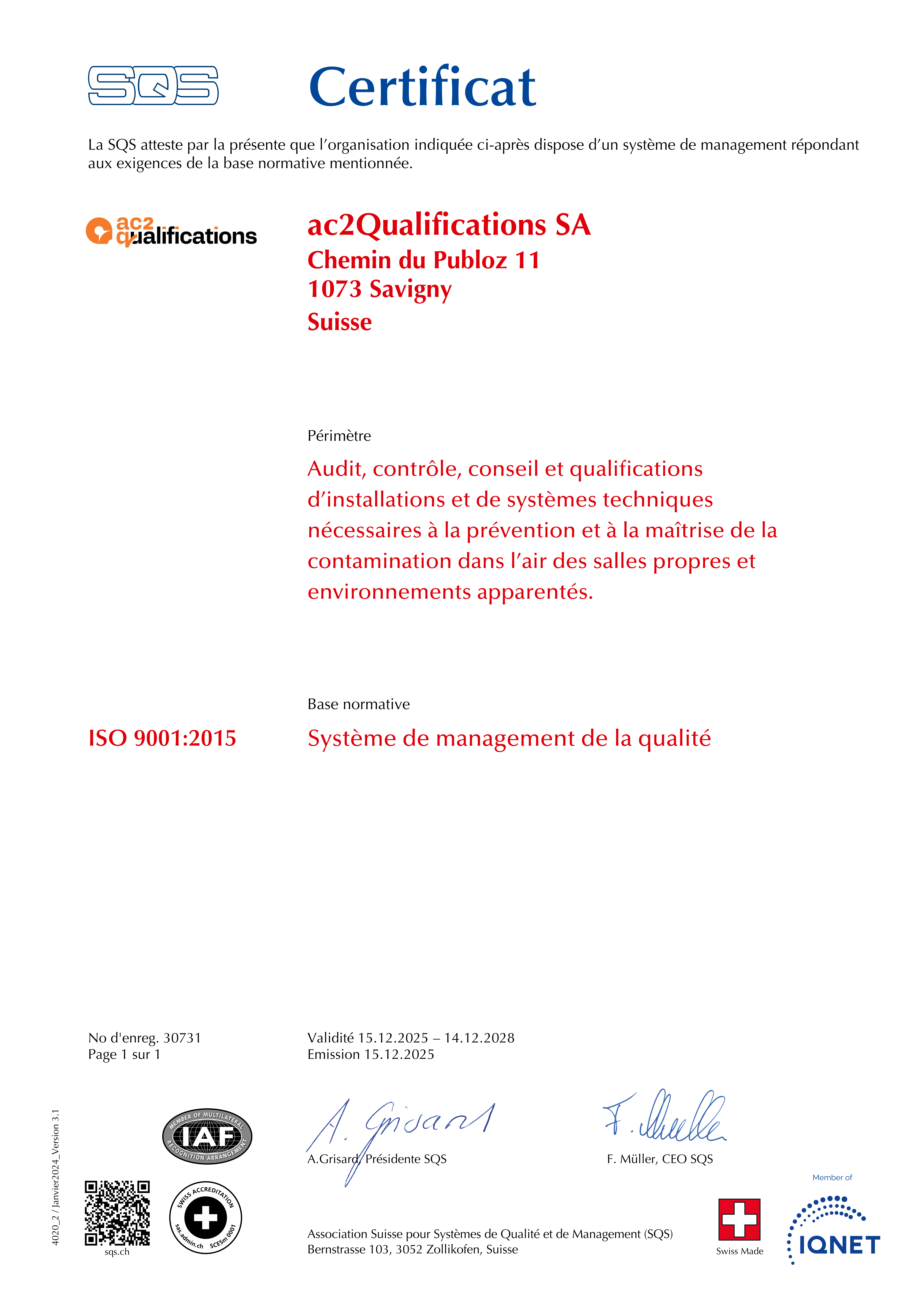 Certificat ISO 9001:2015 d'ac2Qualifications SA